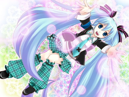 Hatsune Miku - tie, anime, vocaloid, twintails, skirt, girl, kneehighs, hatsune miku, long hair, blue hair, cute, shugo chara, crossover, sexy, ribbons, blue eyes