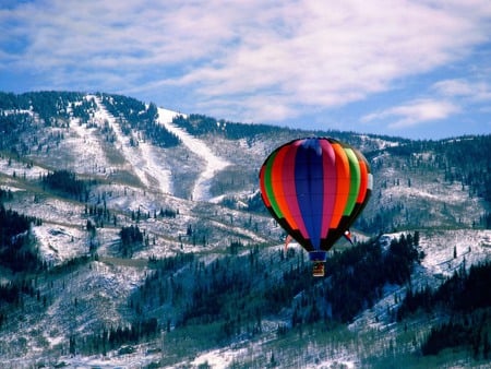 Be Free... - hot, colorful, great, balloon, free, view, amazing, snowy, freedom, hills, air, landscape, mountain, baloon, peaks, nature, beautiful, snow, sky, trees, peaceful, photography, mountains, path, balloons, clouds, hot air balloons, coloful, day, winter, colordul, summer, aircraft, bright, adventure, splendor, colors, flight