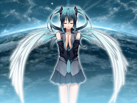 home - pretty, vocaloid, blue, earth, sunrise, light, view, sunlight, beautiful, skies, sunset, miku, trance, wings, cloud, cute, outer space