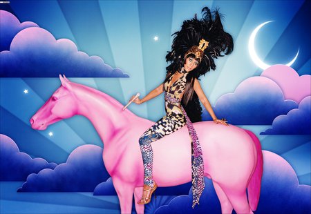 pink pony - woman, horse, blue, pink, abstrac