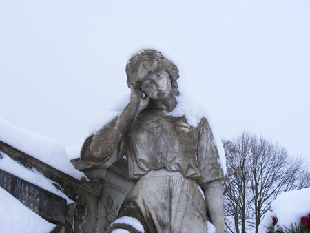 Snow covered statue - snow, winter, graveyard, statue