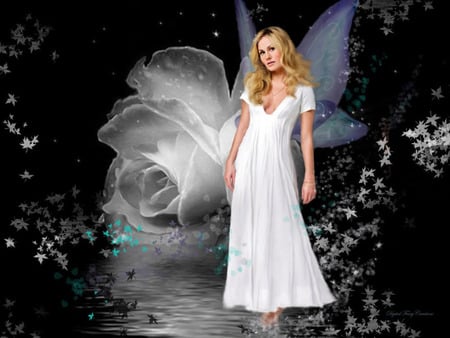 Rose Fairy - white, wings, leaves, fairy, lilac, rose