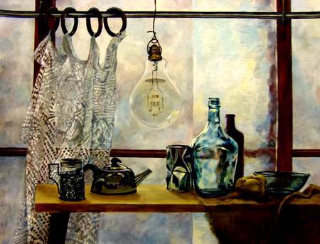 Lace Curtains - bowl, mugs, curtain rod, still life, painting, teapot, lightbulb, window, lace curtains, table, bottles