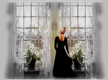 Contrast - mullions, woman, window, curtains, plants, black dress, lace, blond hair