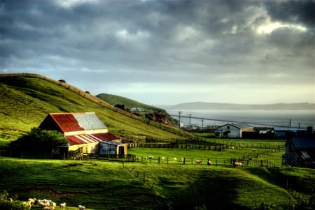 Chatham Island View - sky, fence, hills, water, field, mountains, sheep, clouds, house, barn