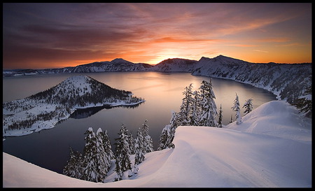 Winter Lake - lake, hot, trees, sun, water, winter, mountains, sunset, nature, white, yellow, snow, scene