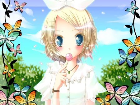 Kagamine Rin - kagamine rin, girl, blue eyes, blonde hair, vocaloid, anime, blush, ribbon, cute, short hair, lollipop, butterflies