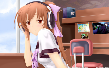 Anime fan - brown eyes, anime, ponytail, girl, blush, brown hair, long hair, headphones, cute, anime fan, sexy, ribbons