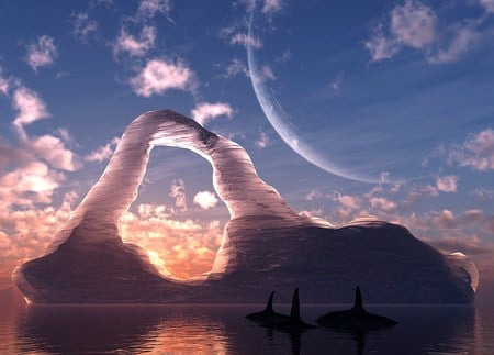 Polar swim - whales, clouds, ice, sun, portal