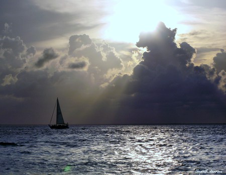 Sail away - boat, evening, sea, sails, clouds ripples