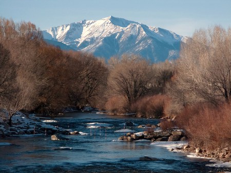 Cocoa sentinels - river, trees, brown, peak, snow, mountain