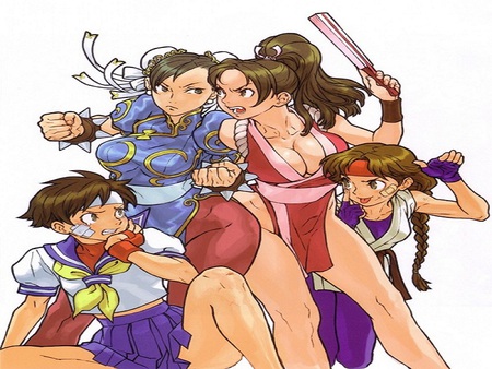 street fighter VS king of fighter - women, female, sakura, snk, videogame, 4 girls, girl, mai shiranui, chun li, capcom, yuri dakazaki, girls, sexy, video game