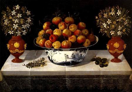 Symmetry - jasmine, bowl, apples, still life, tablecloth, olive branch, painting, olives, table, red urns