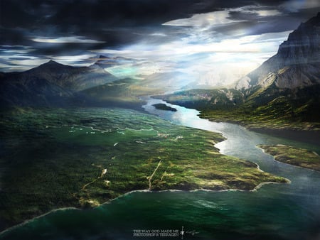 Beautiful world - mountaiuns, painting, clouds, stream, water, light rays, grass