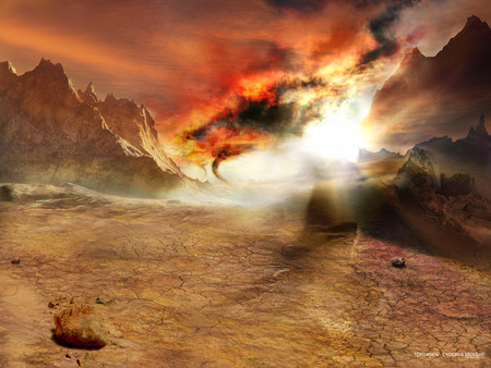 Fireburst sunrise - sunlight, white, beautiful, fireball, orange, mountains, sand