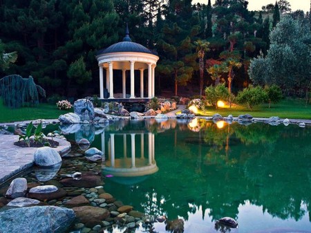 Forget the world - pond, lights, lilies, gazebo, trees