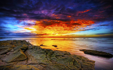 In Times To Come - clouds, colorful, ray, sea, reflection, rocks, sky