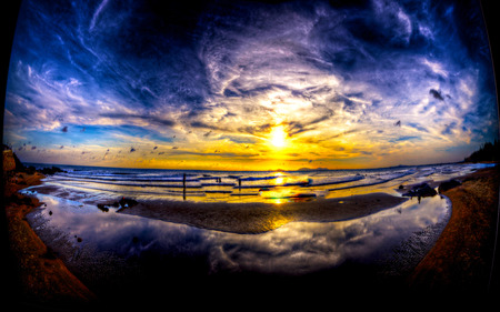 Next Visit - sky, beach, reflection, clouds, ray, sunset