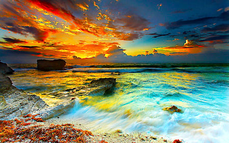 No Ending - sky, colorful, sunset, wave, rocks, reflection, clouds, ray, sea