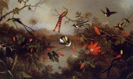 Paradise of birds - flutter, branches, hummingbirds, birds, leaves, flowers, painting, flight, wings