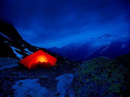 Tomorrow we touch the sky - glow, blue, night, mountains, tent