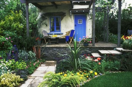 Beautiful cottage - trees, white, village, home, balcony, door, blue, house, flowers, garden, flower