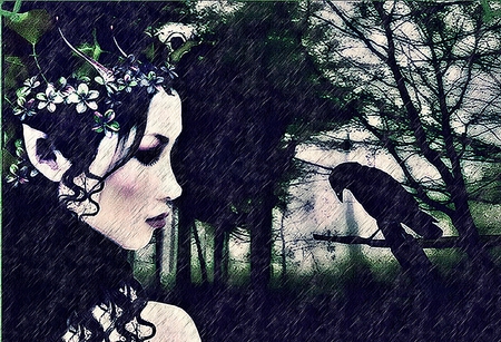 Raining In The Dark - nature, crow, rain, girl, gothic, forest, dark