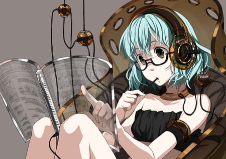 future headphones - pretty, fun, gadget, studying, reading, touchscreen, dress, cool, girls, headphones, glasses, modern, tech, nice, cables