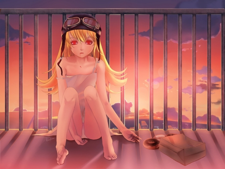 Oshino Shinobu - googles, sexy, hat, girl, long hair, oshino shinobu, sunset, vampire, red eyes, blonde hair, anime, cute, bakemonogatari