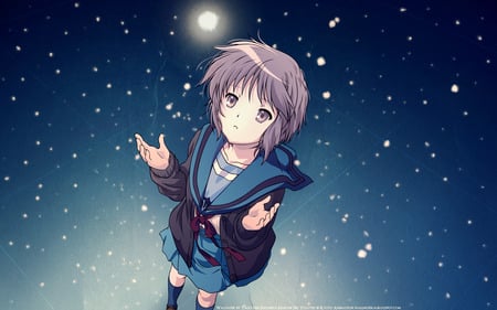 yuki nagato - pretty, snowflakes, haruhi, beautiful, snow, cool, light, suzumiya, girls, glow, glowing, cute, nice