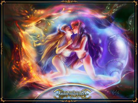 Twin opposite - women, water, fire, holding, beautiful, colors, circle, swirls