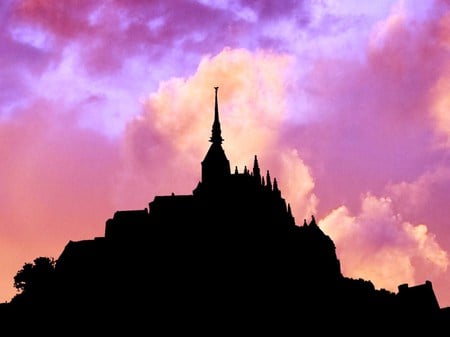 Mont saint Michel  - clouds, steeple, sky evening, silhouette, church