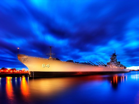 USS WISCONSIN - water, ship, sky, blue