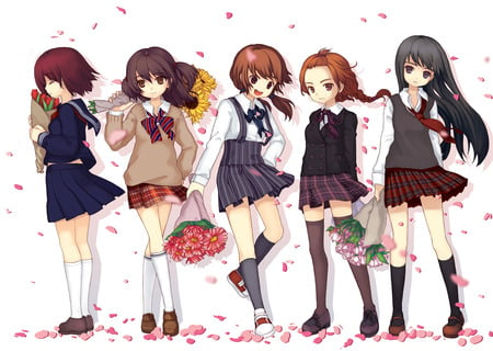 girls on flowers - pretty, sakura, hanami, blossom, cherry, beautiful, school, petals, flowers, girls, group, rain, cute, bucket, nice