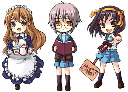 the melancholy haruhi suzumiya - girls, nice, fan art, chibi, colorful, funny, haruhi, kawaii, cool, pretty, school girls, maid, cute, dress