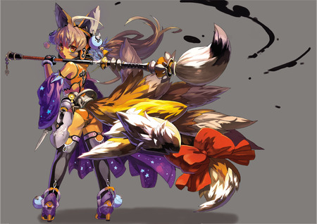 nine tails fox - pretty, kitsune, warrior, ears, fox, dress, blonde, long, headphones, nice, fighter, tails, gothic, cool, maid, fur, colorful, smile, funny, ink, cute, brush