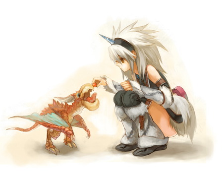 one horn girl - tails, fur, funny, crutching, painting, white, horn, feeding, dinosaur, pretty, cute, little