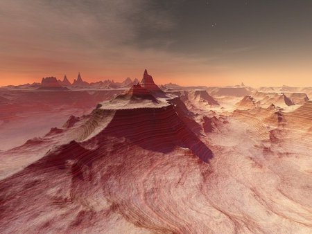 Another world - pink rocks, alien terrain, orange sky, cg