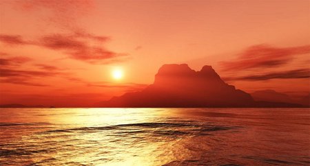 Red balance - reflection, sun, rock, red sky, sea, cg