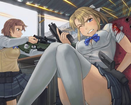 high school warfare - girls, nice, reload, magazine, cool, shoot, pretty, warfare, cute, high, sexy, hurt, school, funny, wounded, bullets, war, guns, wound, shooting