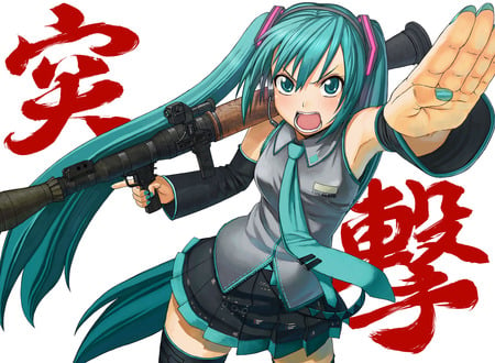 vocaloid - pretty, scans, worship, hands up, cool, grenade launcher, miku, funny, green, cute, hail, weapon, hatsune, nice