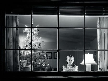 Looking for Santa - christmas, window, girl, lamp, tree, home