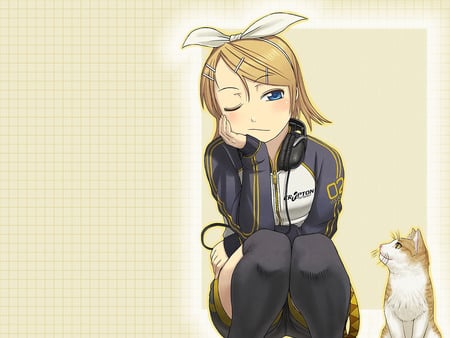 rin is boring - nice, cat, headphone, waiting, boring, funny, pet, rin, cool, pretty, kagamine, vocaloid, cute