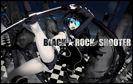 Black rock shooter - hatsune miku, sexy, girl, twintails, blue eyes, long hair, black hair, chains, anime, sword, cute, black rock shooter