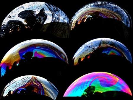 The world reflected - reflections, bubbles, black, colors