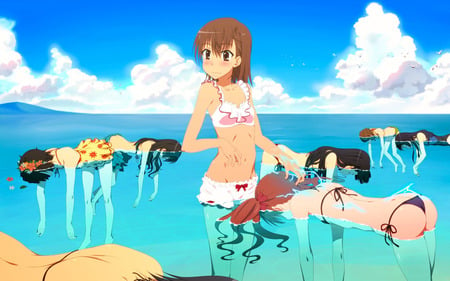 Misaka Mikoto - girl, to aru kagaku no railgun, anime, sea, mikoto, group, misaka