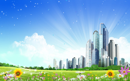 Dream City - sky, fantasy, clouds, flowers, city, trees, abstract, stars