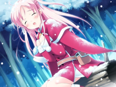 Anime Girl - trees, anime, winter, log, girl, snow