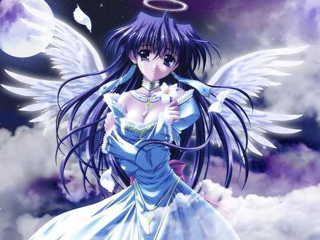 Angel - clouds, moon, anime, halo, angel