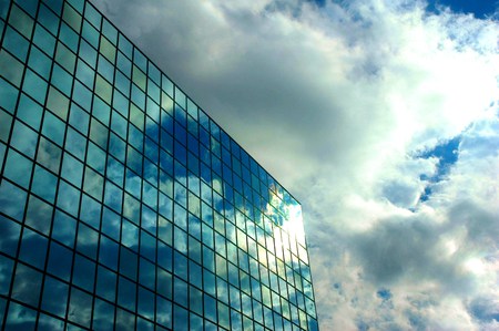 Blue mirror - skyscraper, reflections, windows, sky, clouds, blue